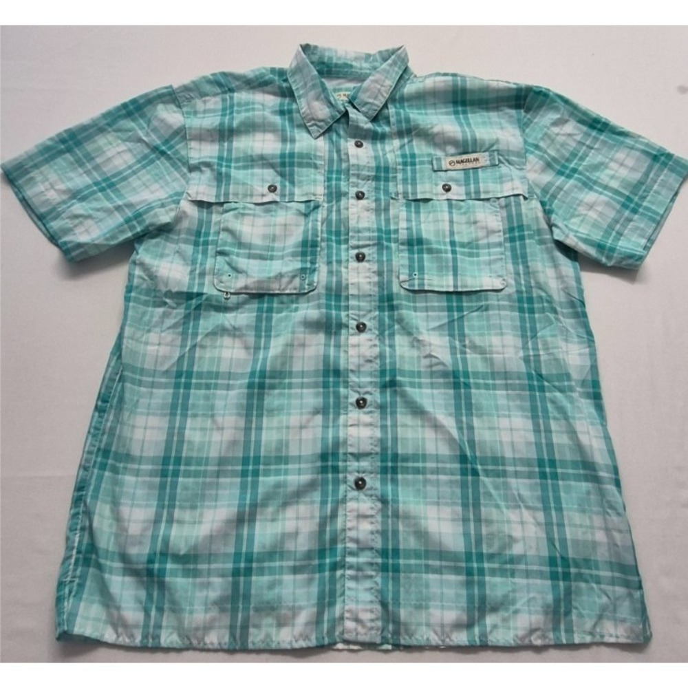 Magellan Aransas Pass men's green plaid Fish Gear Shirt LG moisture wicking